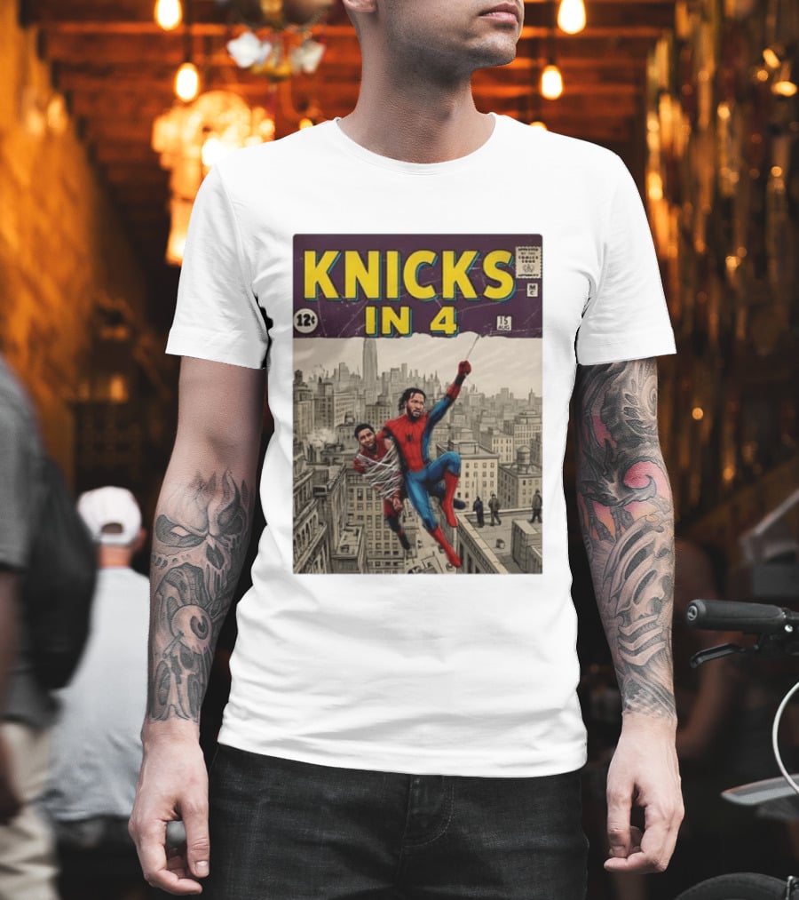 Knicks In 4 Comics Spider Man Derrick Rose Donovan Mitchell Basketball T-Shirt