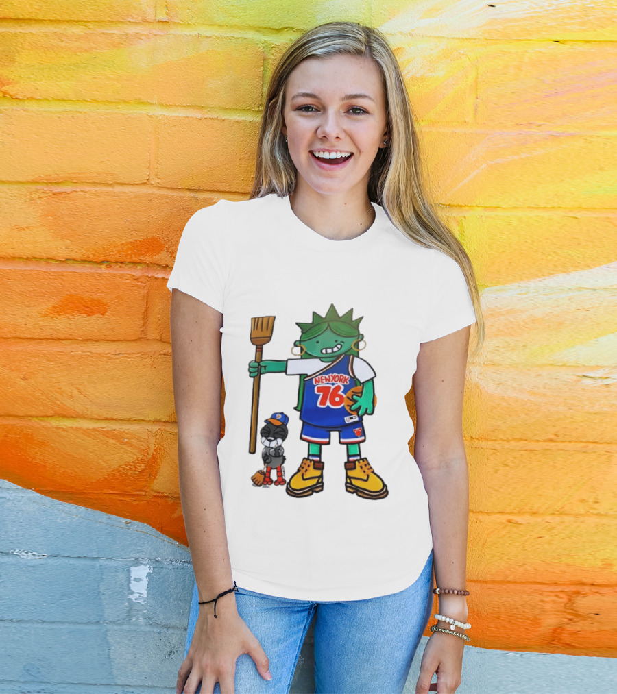 New York 76 Knicks Statue Liberty Broom Basketball 2024 T-Shirt