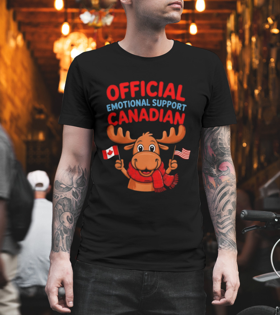 Official Emotional Support Canadian Moose With Canadian And American Flags T-Shirt