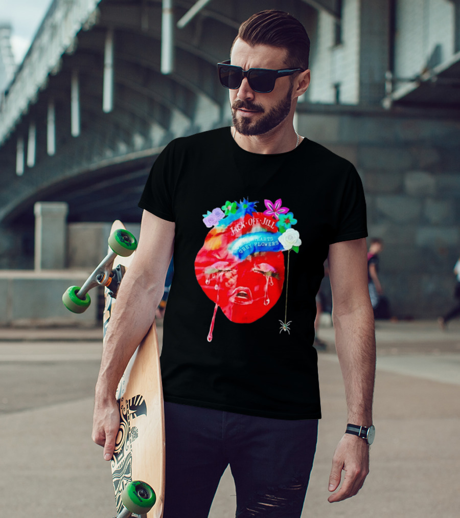 Jack Off Jill Clear Hearts Grey Flowers Crying Face With Colorful Floral Accents T-Shirt