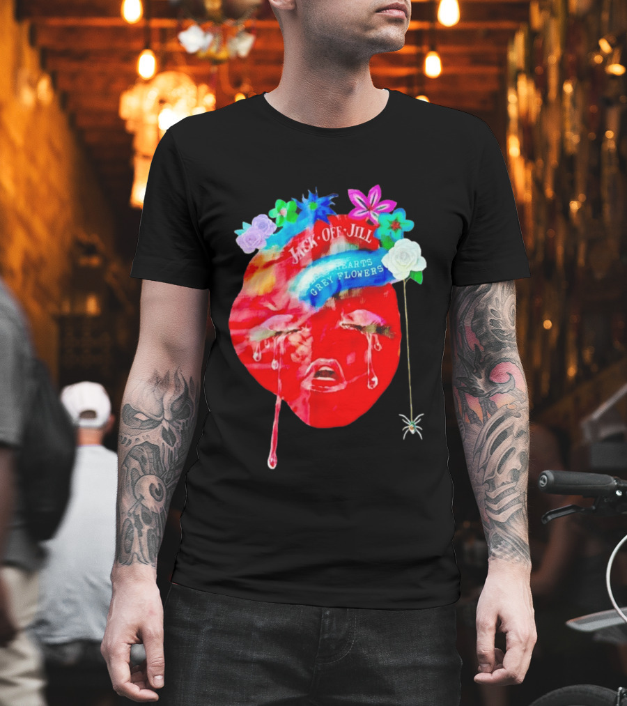 Jack Off Jill Clear Hearts Grey Flowers Crying Face With Colorful Floral Accents T-Shirt