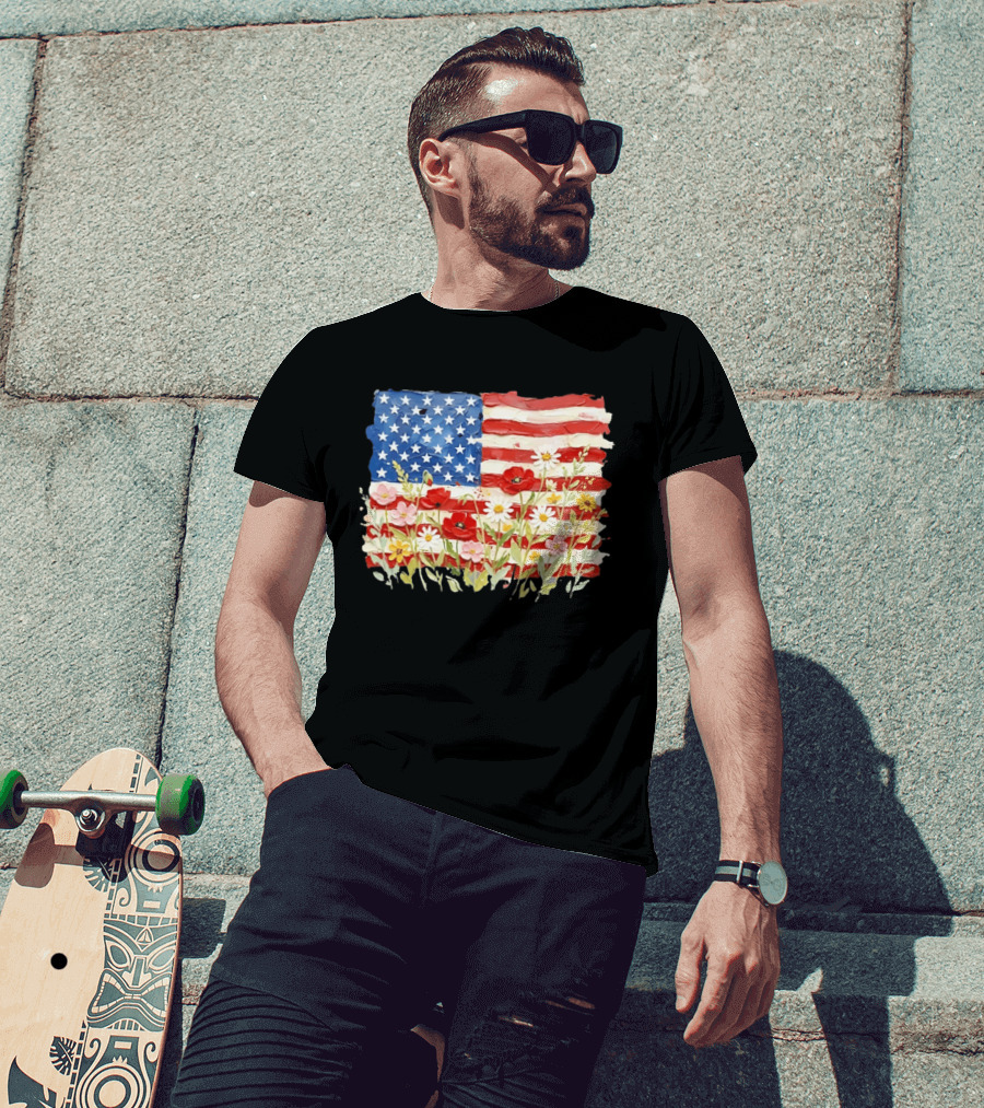 Floral American Flag With Impasto Texture And Flowers T-Shirt