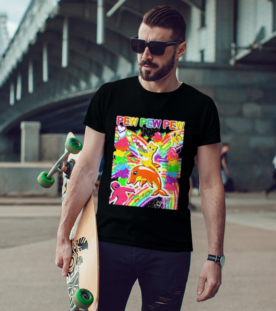 Pew Pew Pew Rainbow Pride Fun With Colorful Dolphins And Hearts T-Shirt