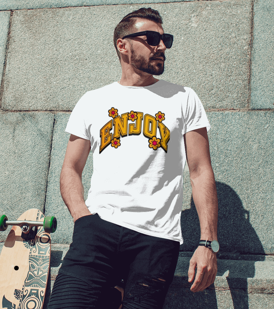 Enjoy Curved Flowers Yellow Font Floral Blossoms T-Shirt