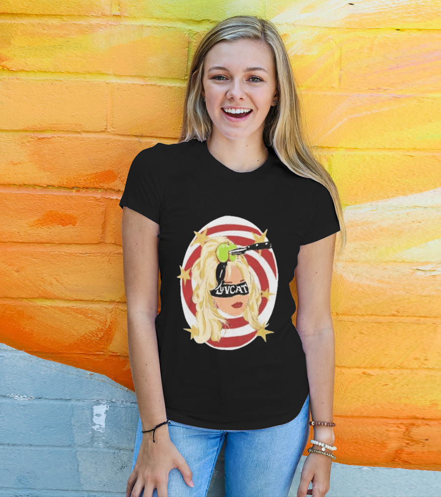 Luvcat Blonde Woman Bullseye Knife Apple Starburst T-Shirt
