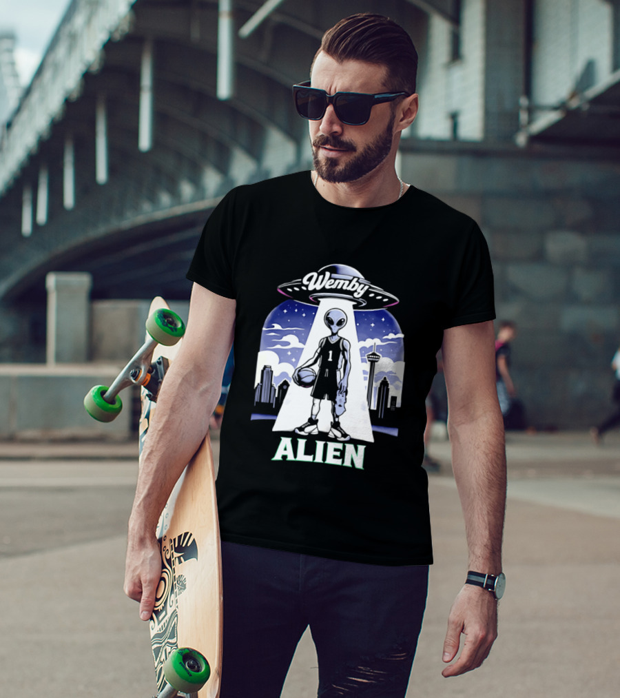 Wemby Alien Basketball UFO Skyline T-Shirt