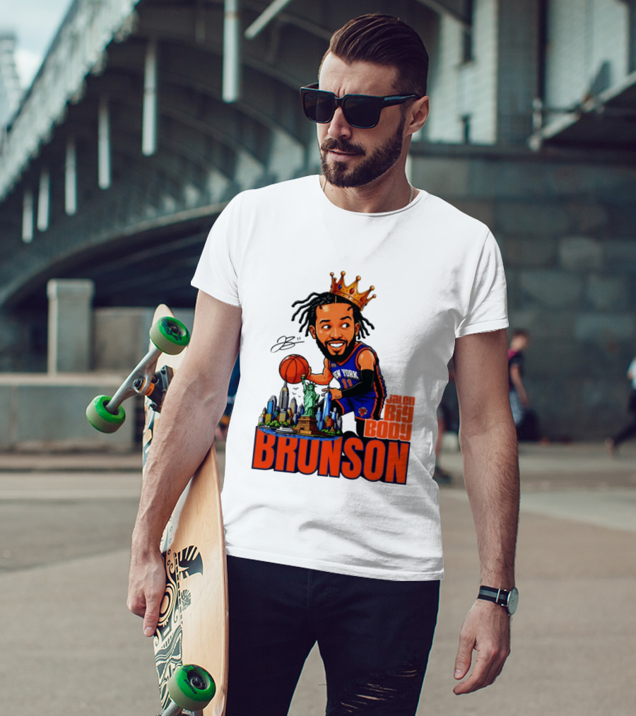 Jalen Brunson King Of NY Caricature With Statue Of Liberty And New York Skyline T-Shirt