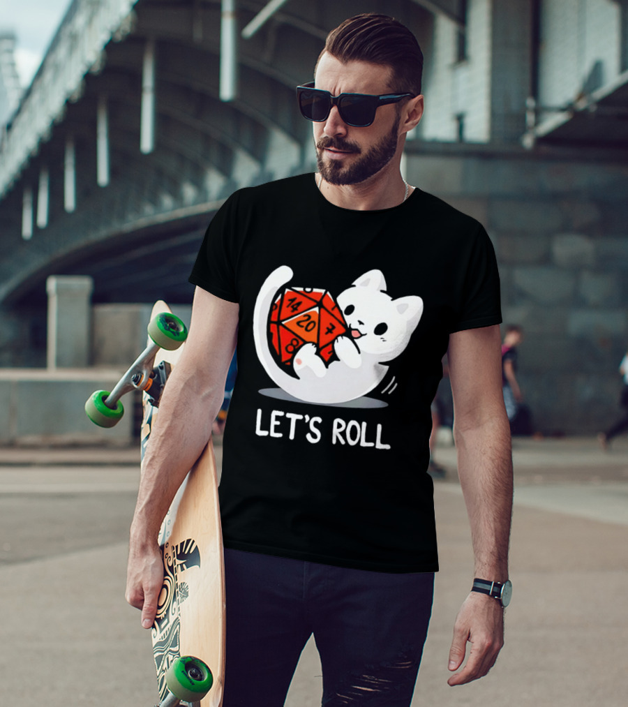 Let's Roll Cat Holding 20 Sided Die Dungeons And Dragons T-Shirt