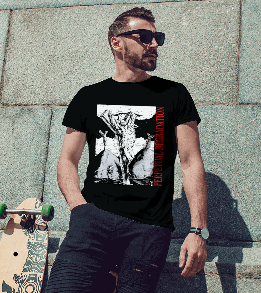 Perpetual Degradation Monster Crucifixion Skull Mountains Clouds T-Shirt