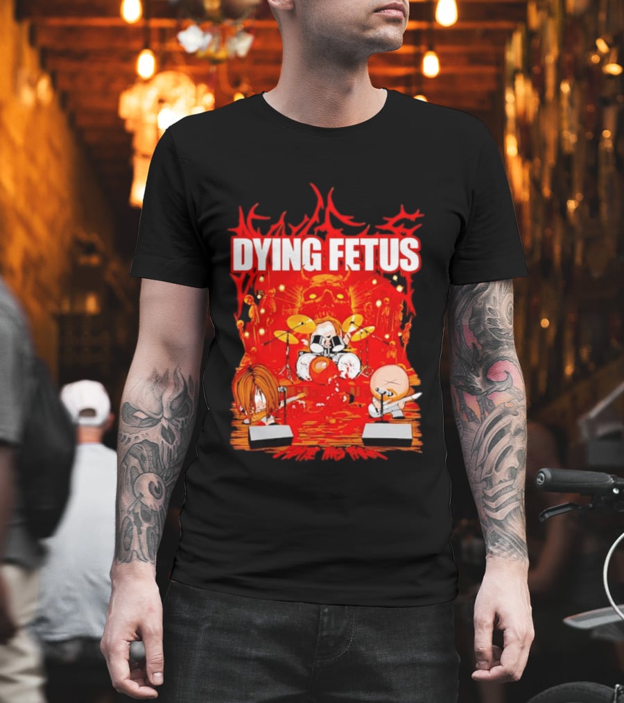 Dying Fetus Cartoon Band Rocking Out In Red Scene T-Shirt
