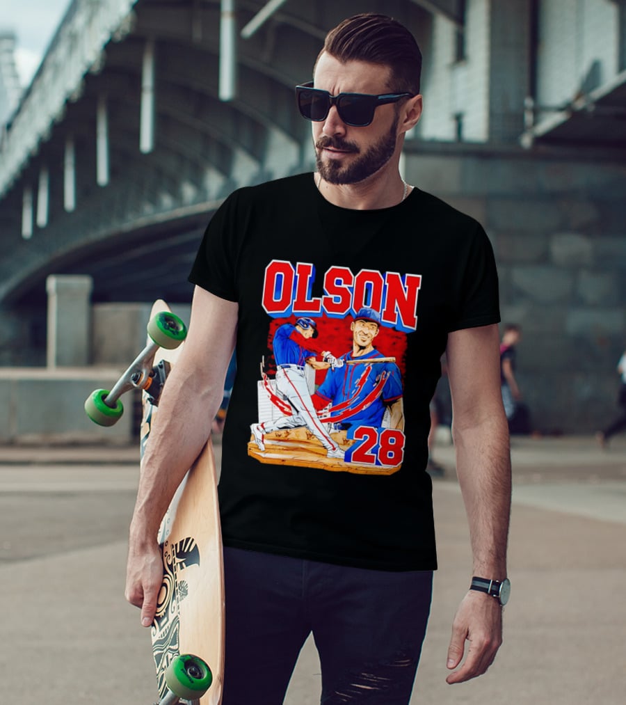 Olson 28 Baseball Player Blue And Red Hand Drawn T-Shirt