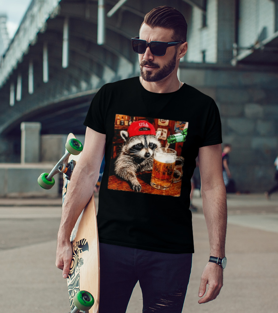 Patriotic Raccoon USA Hat Drinking Beer In Bar Scene T-Shirt
