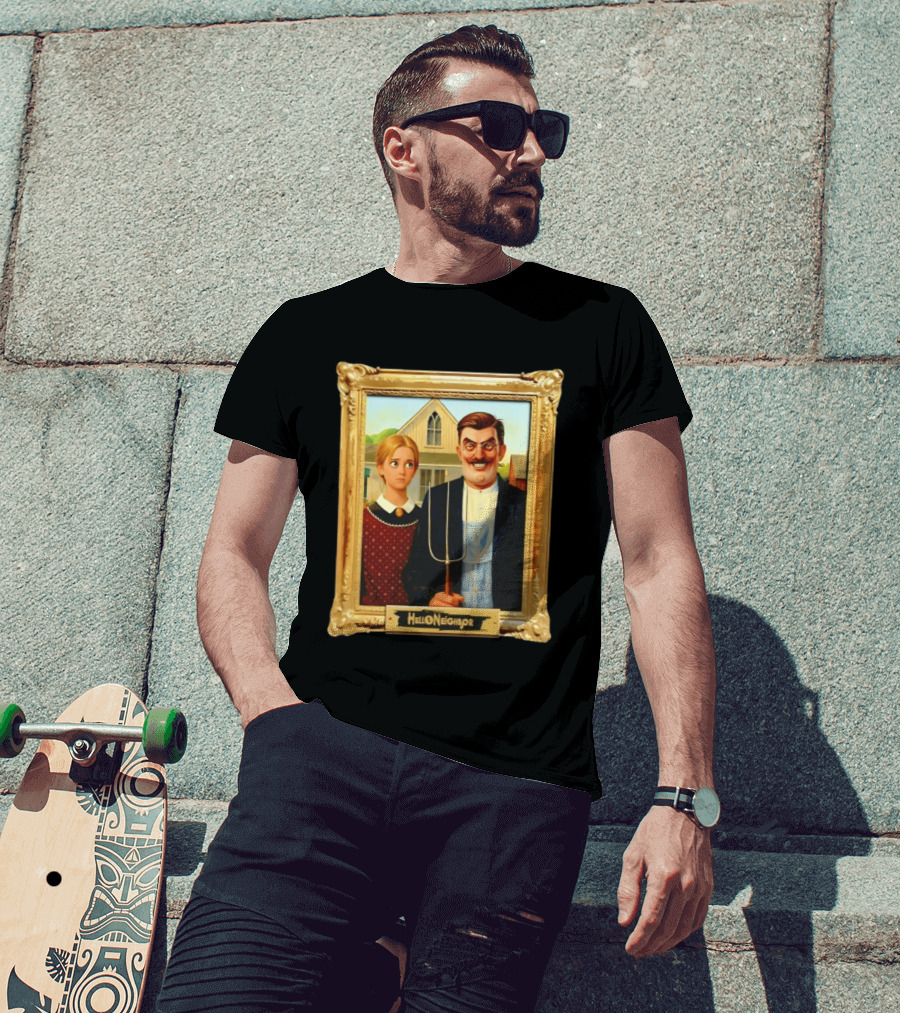 Hello Neighbor American Gothic Man Pitchfork Girl Painting Frame T-Shirt