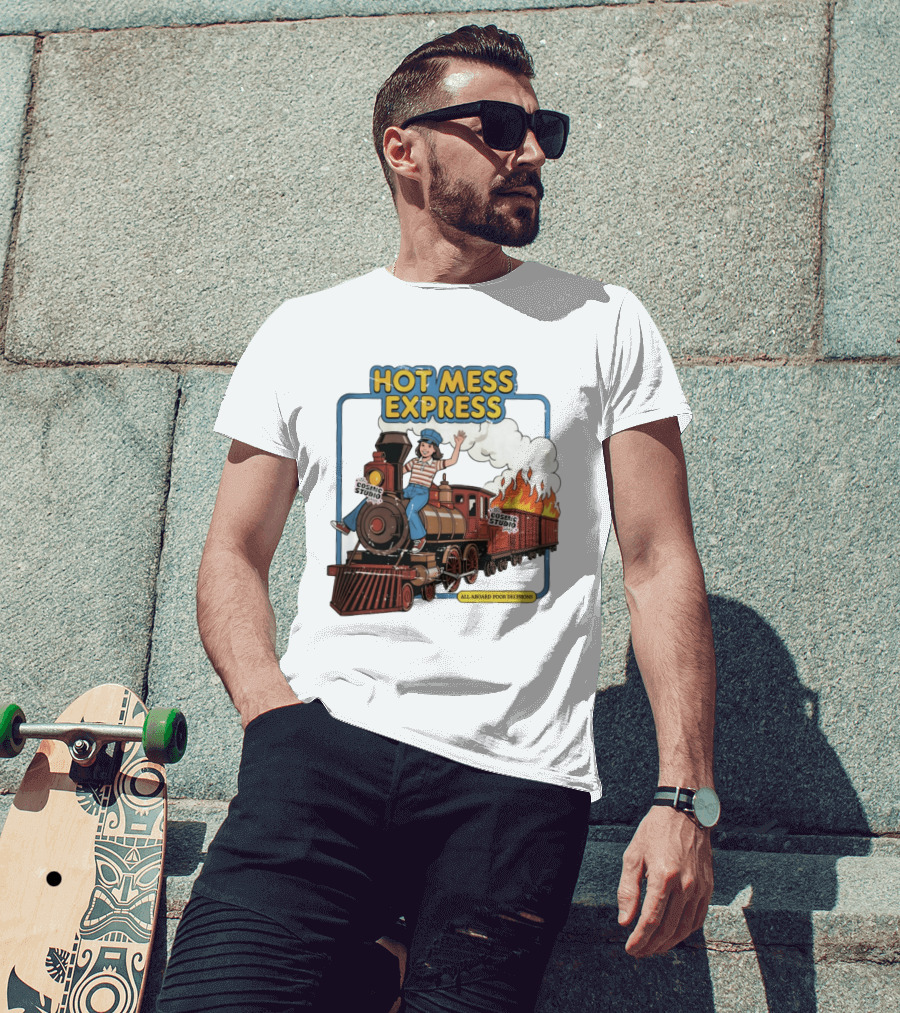 Hot Mess Express All Aboard Poor Decisions Cosmic Studio Vintage Train Cartoon T-Shirt