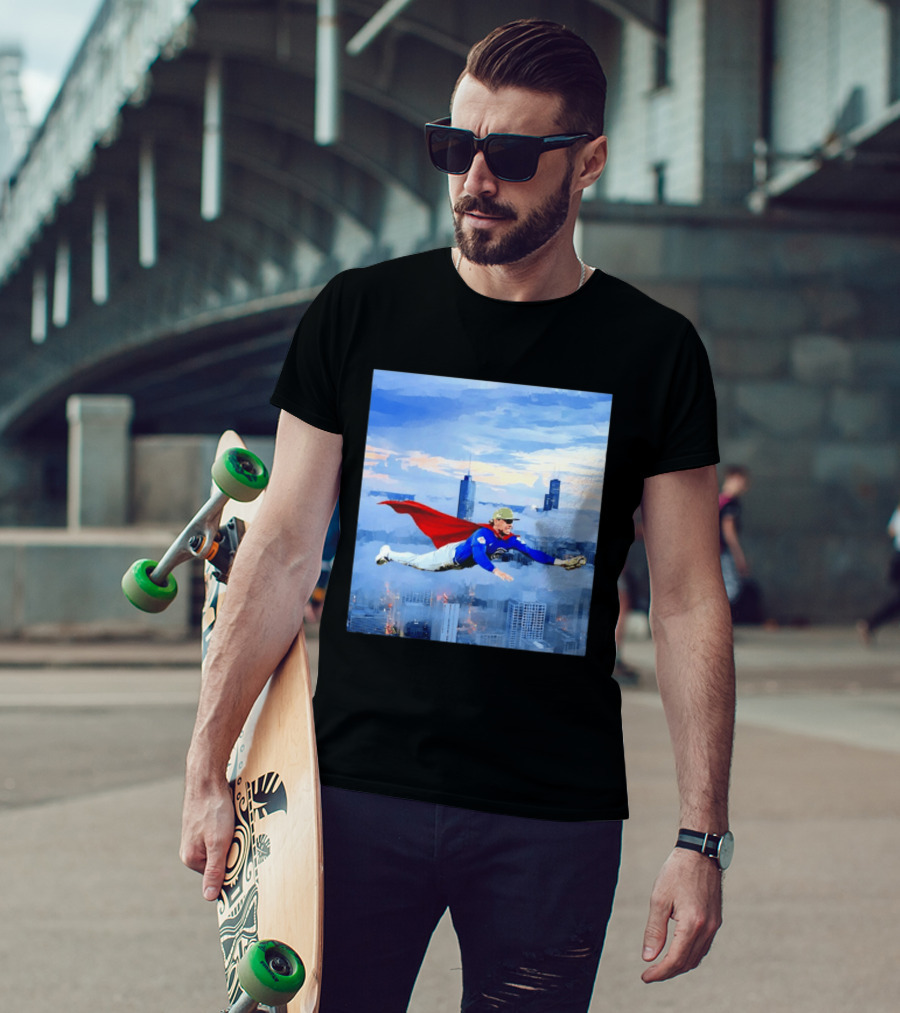 Superman Nico Hoerner Chicago Cubs Second Baseman Flying Over City Skyline T-Shirt