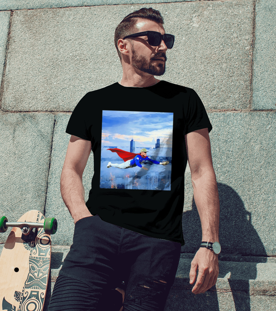 Superman Nico Hoerner Chicago Cubs Second Baseman Flying Over City Skyline T-Shirt