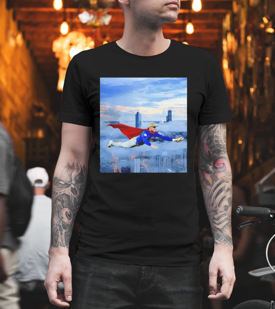 Superman Nico Hoerner Chicago Cubs Second Baseman Flying Over City Skyline T-Shirt