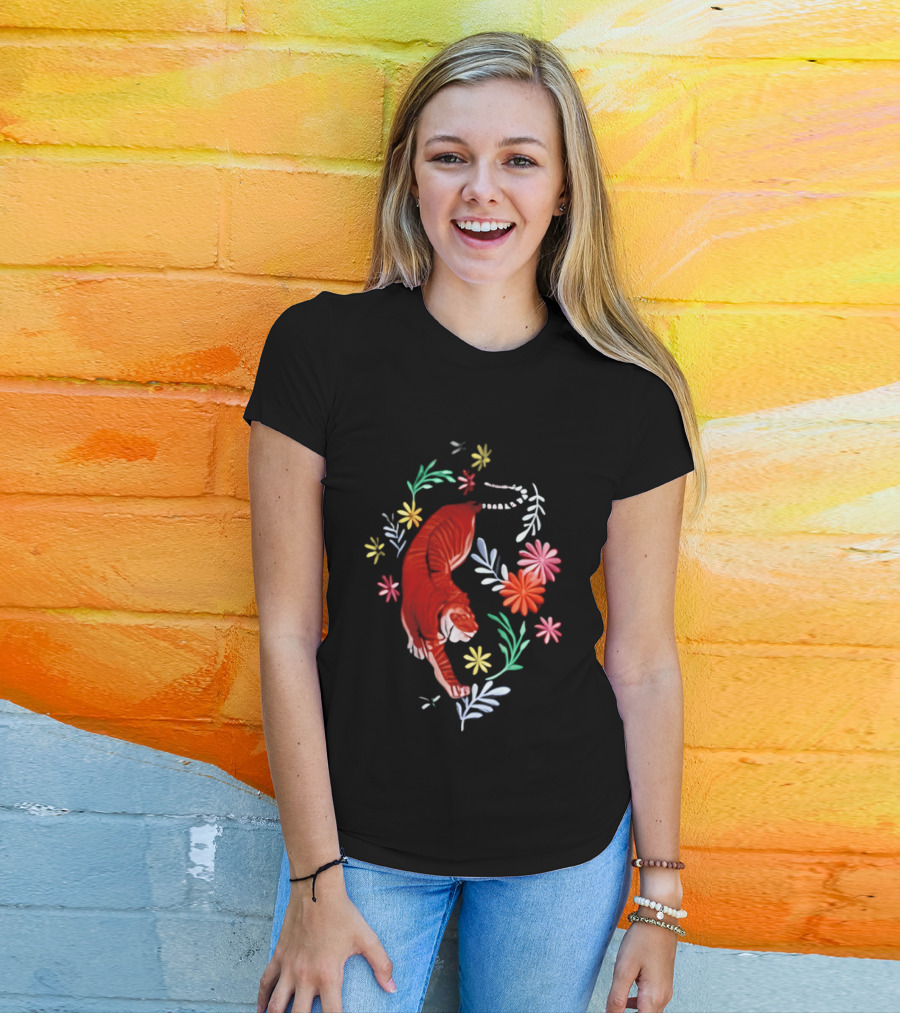Todd Herzog Bengal Tiger Floral Motif With Vibrant Blooming Flowers T-Shirt
