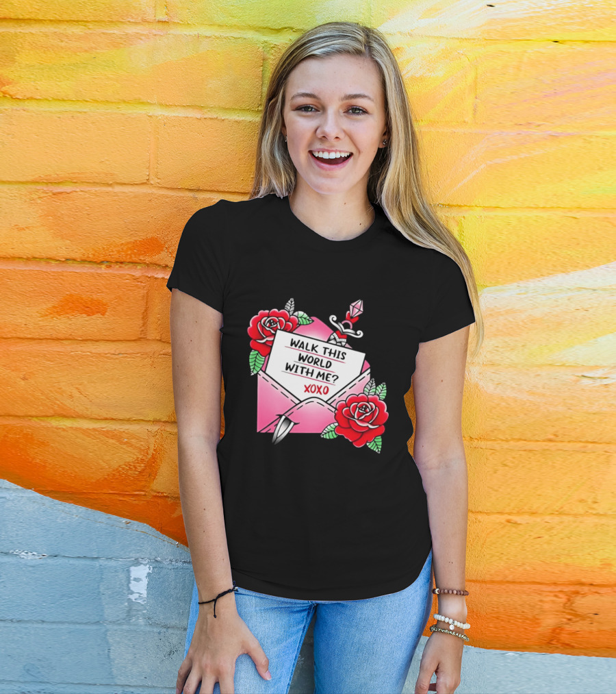Walk This World With Me XOXO Romantic Tattoo Roses And Letter Envelope T-Shirt