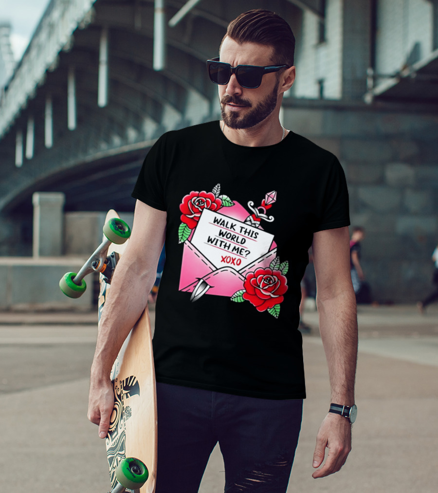 Walk This World With Me XOXO Romantic Tattoo Roses And Letter Envelope T-Shirt