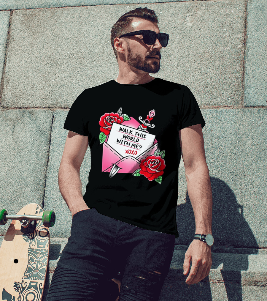 Walk This World With Me XOXO Romantic Tattoo Roses And Letter Envelope T-Shirt