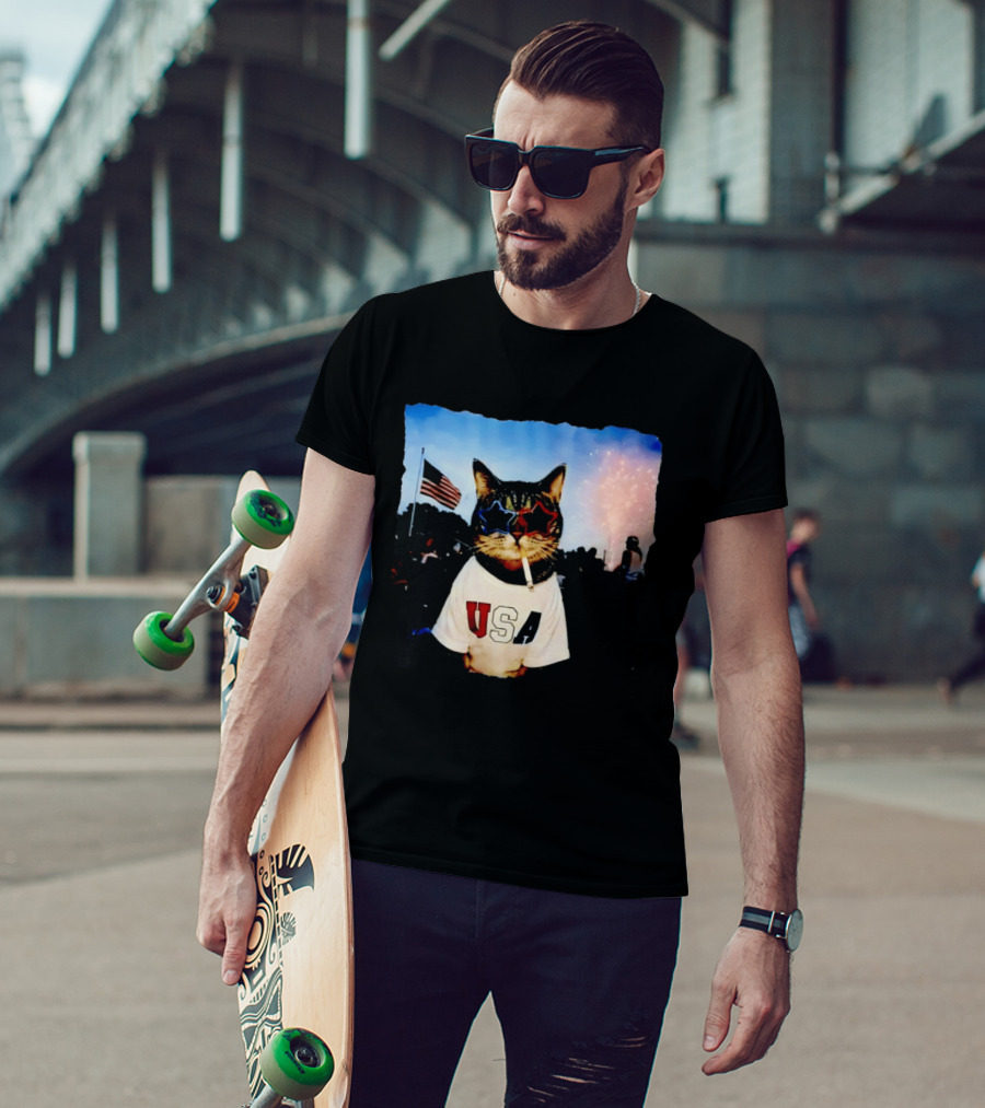 USA Cat With American Flag Sunglasses Smoking Fireworks T-Shirt