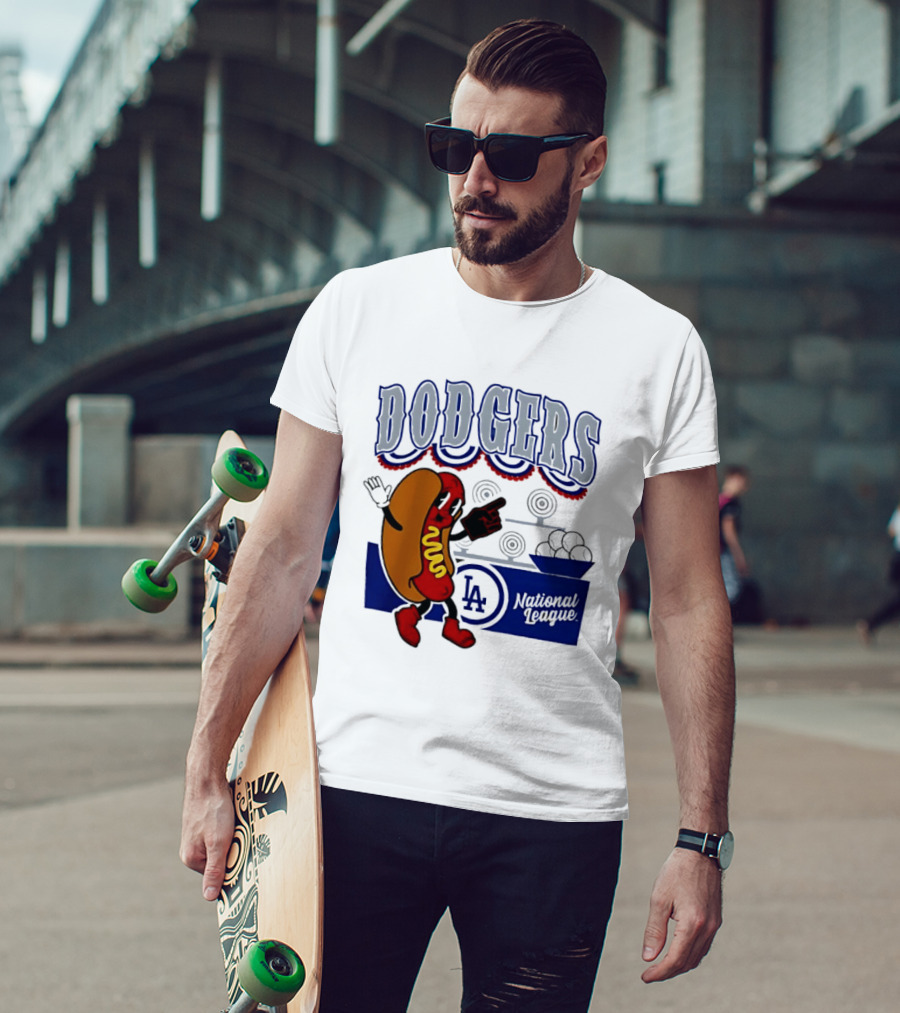 Cartoon Hot Dog Dodgers LA National League Baseball T-Shirt