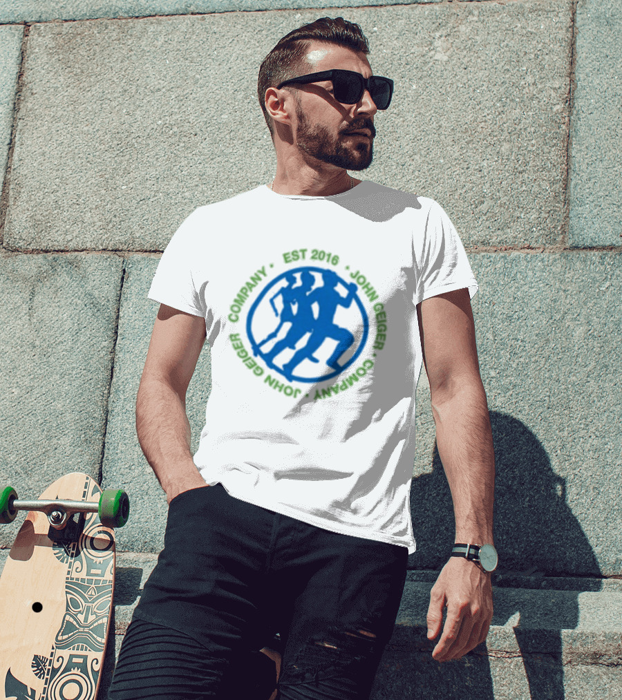 John Geiger Company Est 2016 Blue Running Figures T-Shirt