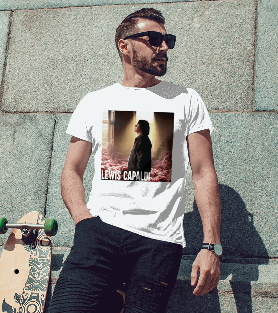 Lewis Capaldi Standing In Floral Scene With Sunlight In Concert Photo T-Shirt