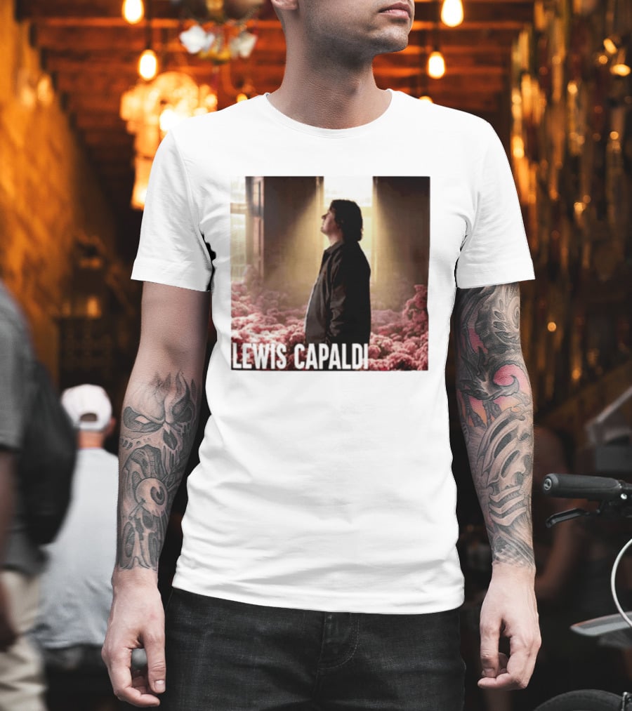 Lewis Capaldi Standing In Floral Scene With Sunlight In Concert Photo T-Shirt