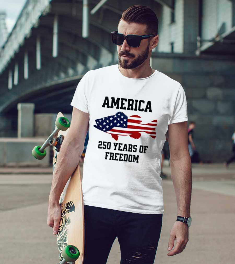 America Flag Bass Fishing 250 Years Of Freedom Celebration T-Shirt