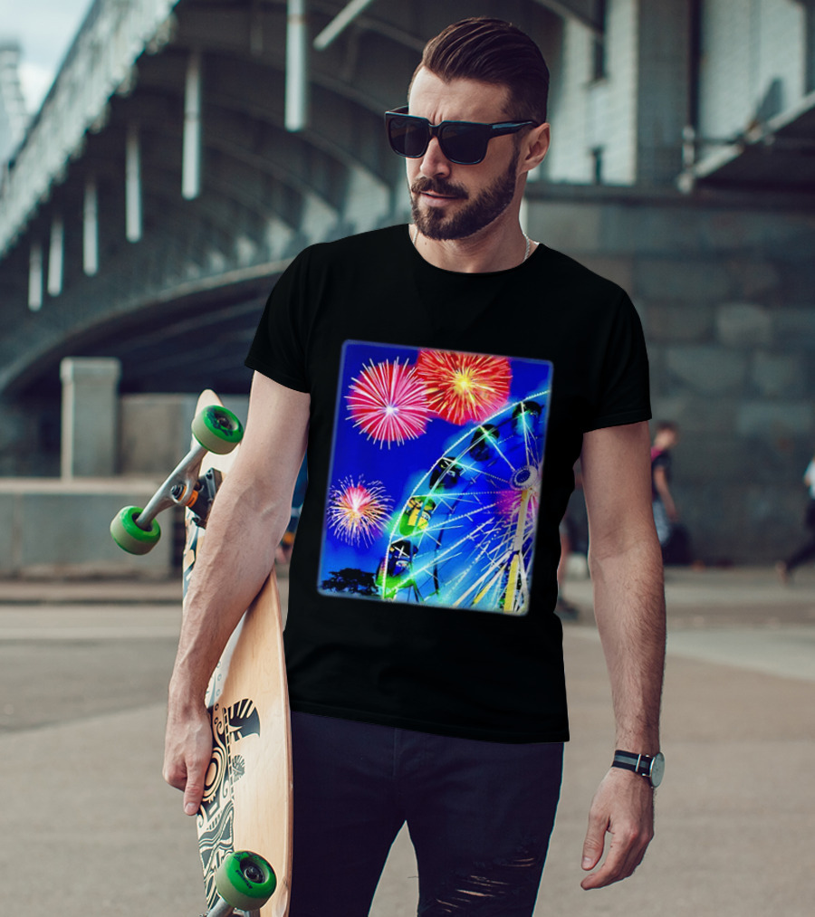 Ferris Wheel Fireworks Night Display Blue Sky T-Shirt