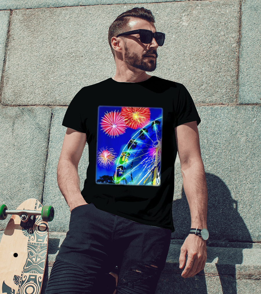 Ferris Wheel Fireworks Night Display Blue Sky T-Shirt