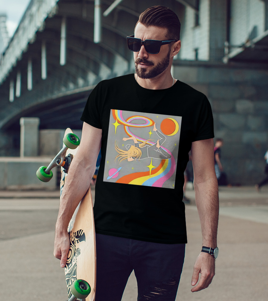 Rainbow Swirl Stars Crescent Moon Planet Orbit Cosmos Night Galaxy T-Shirt