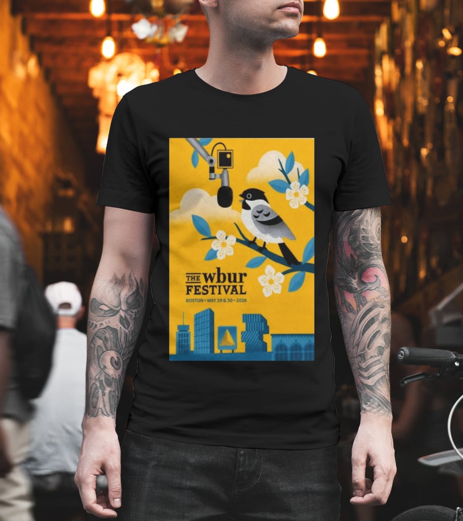 The Wbur Festival Boston 2026 Yellow Bird Microphone Urban Skyline T-Shirt