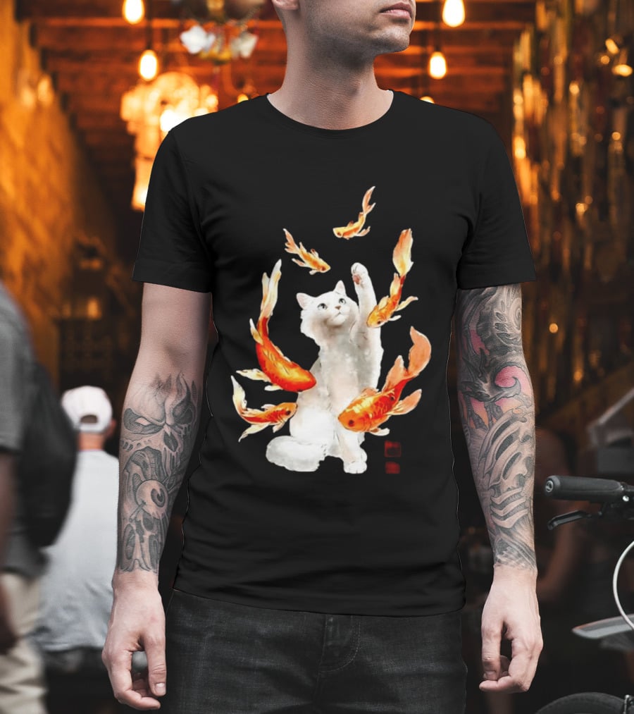 Playful White Cat Surrounded By Goldfish T-Shirt
