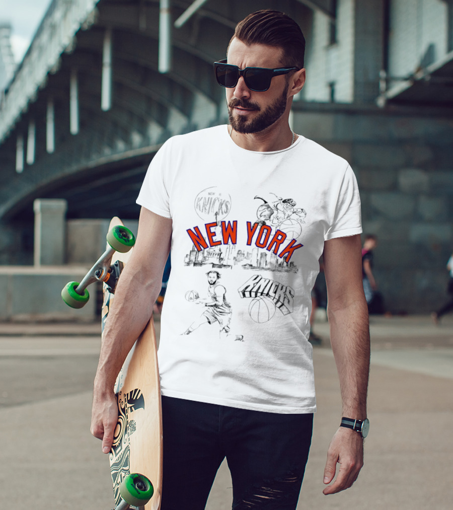 New York Knicks Skyline Basketball Player Graphic Cityscape Iconic Landmarks T-Shirt