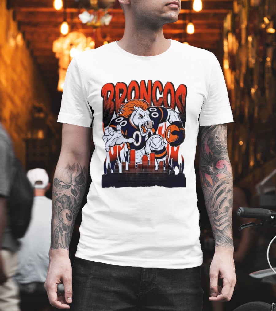 Denver Broncos Football Bronco Running Horse Skyline T-Shirt