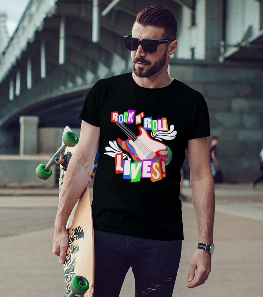 Rock N' Roll Lives Colorful Electric Guitar T-Shirt