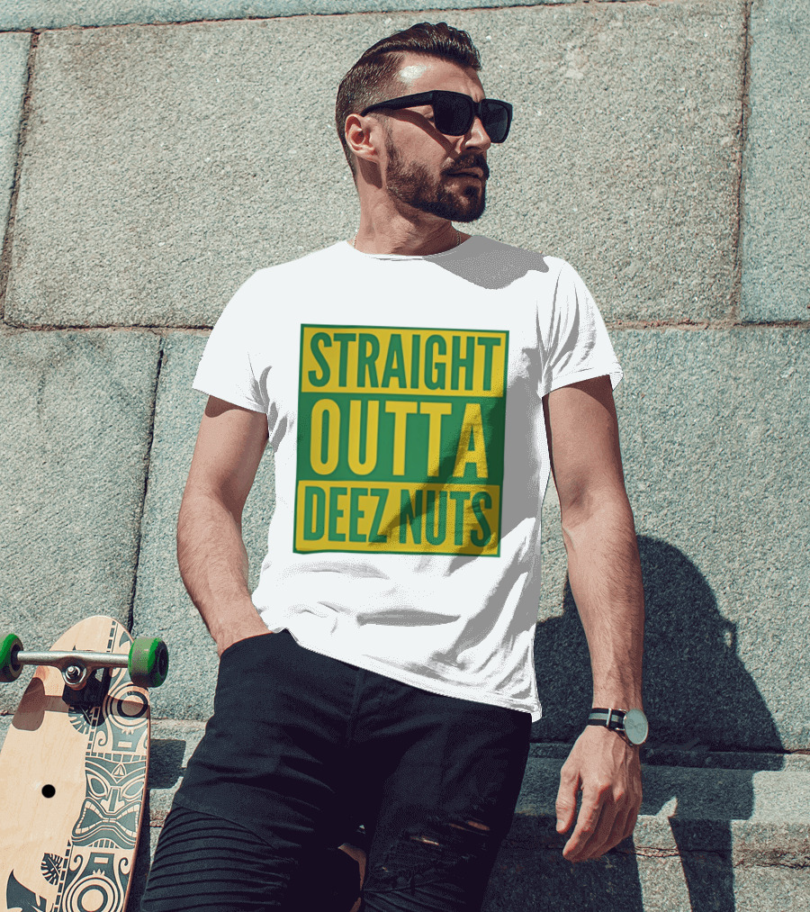 Straight Outta Deez Nuts Bold Yellow Green Block Letters T-Shirt