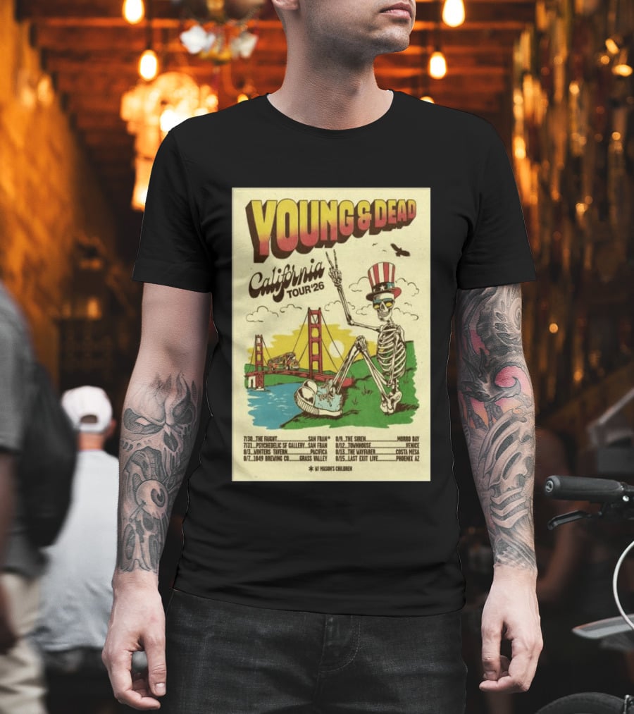 Young And Dead California Tour 2026 Vintage Skeleton Golden Gate Bridge T-Shirt