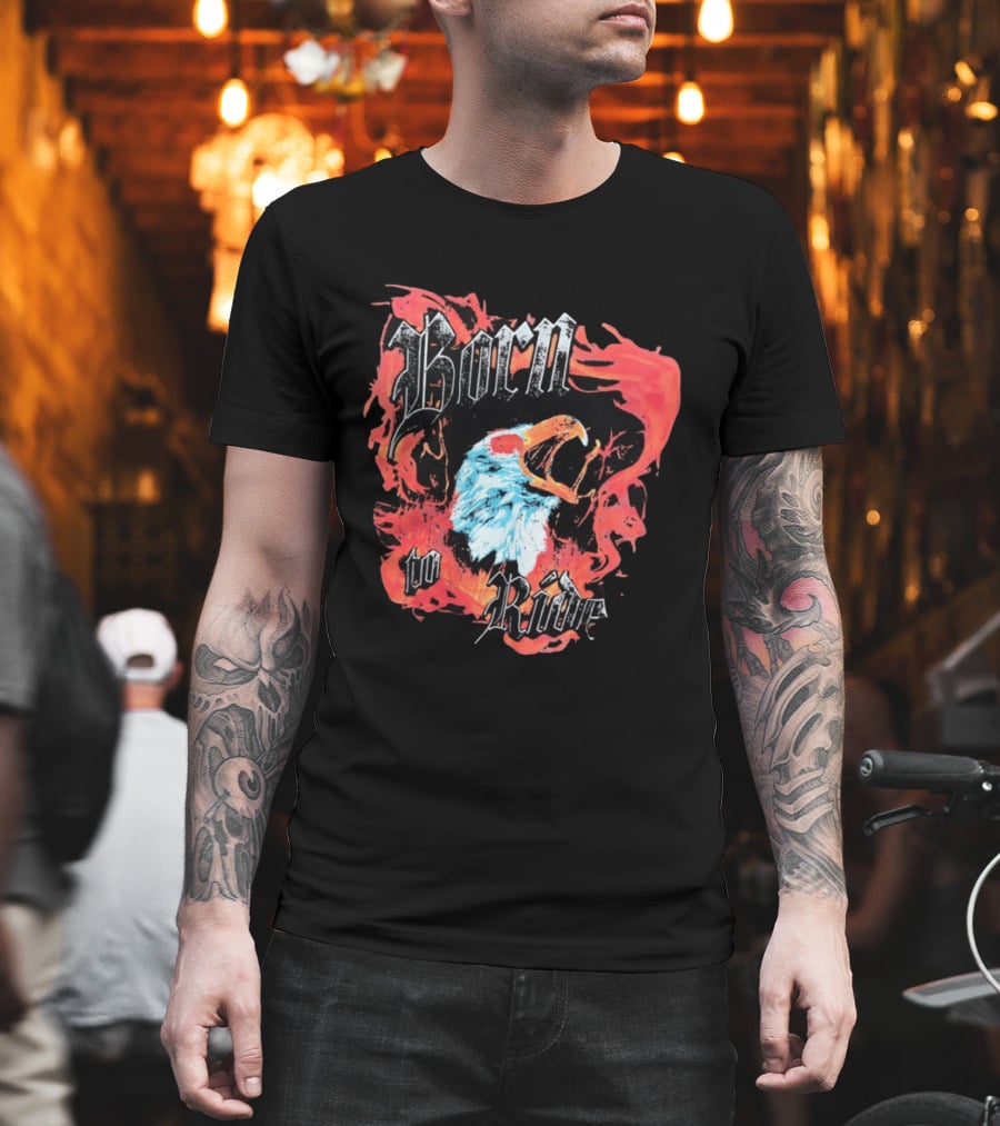 Born To Ride Fiery Bald Eagle Biker T-Shirt