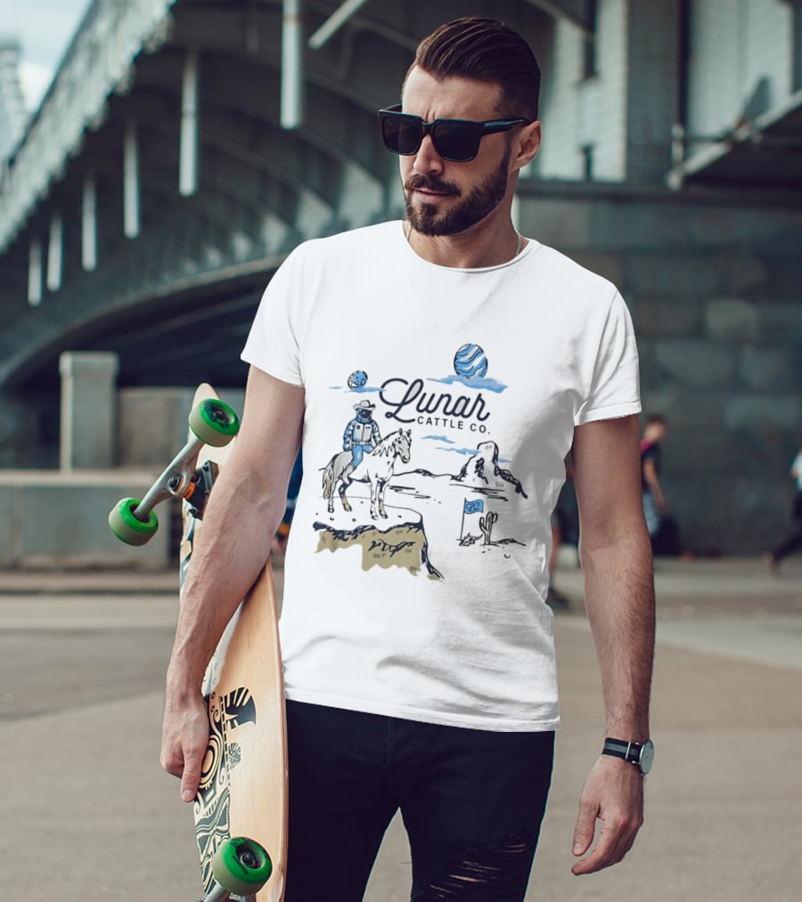 Lunar Cattle Co Astronaut Cowboy On Horseback With Planet And Flag T-Shirt