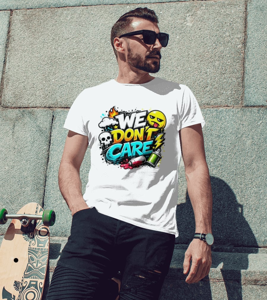We Don't Care Graffiti Emojis Fire Cloud Lightning Skull T-Shirt