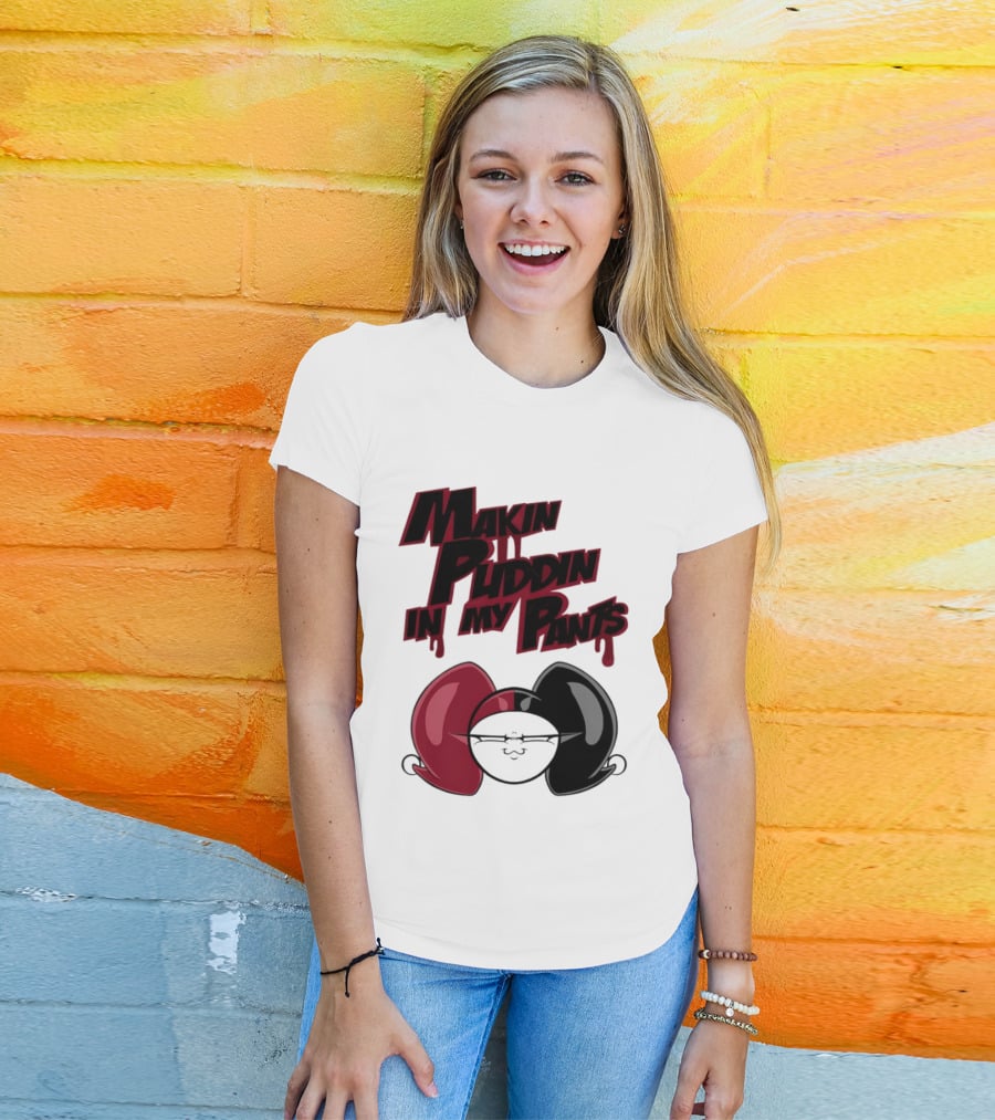 Makin' Puddin' In My Pants Harley Quinn Cartoon Red And Black Pigtails T-Shirt