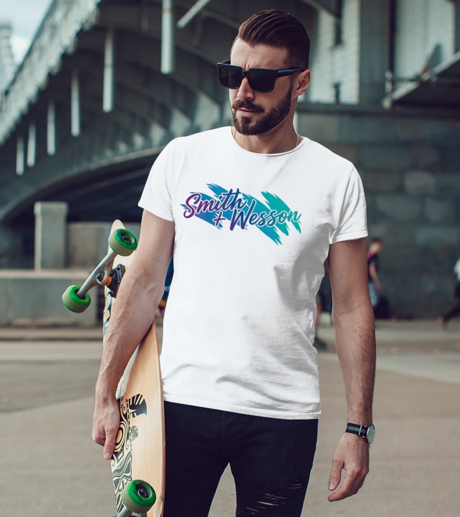 Smith And Wesson 90s Teal Purple Paint Brush Strokes T-Shirt