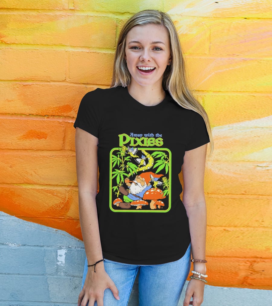 Away With The Pixies Gnome Smoking Cannabis Mushroom Fantasy Scene T-Shirt