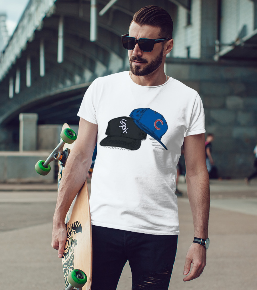 Chicago White Sox Black Hat And Chicago Cubs Blue Cap Baseball Fan Collection T-Shirt