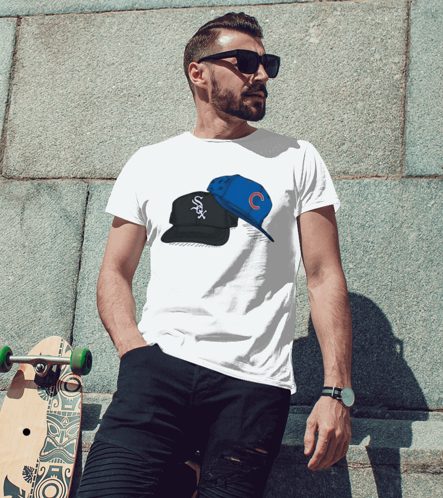 Chicago White Sox Black Hat And Chicago Cubs Blue Cap Baseball Fan Collection T-Shirt