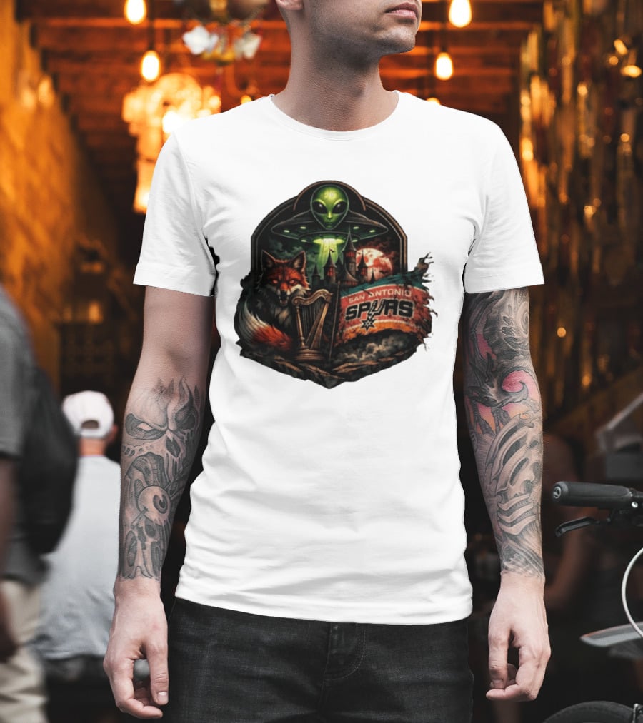 San Antonio Spurs UFO Alien Fox Harp Castle Moon Flag T-Shirt